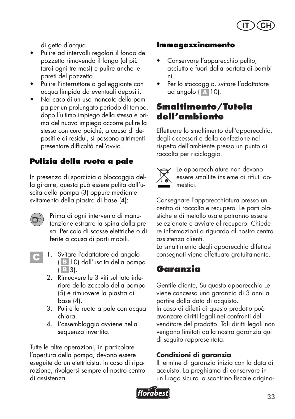 Smaltimento/tutela dell’ambiente, Garanzia, It ch | Florabest FTS 1100 B2 User Manual | Page 33 / 50