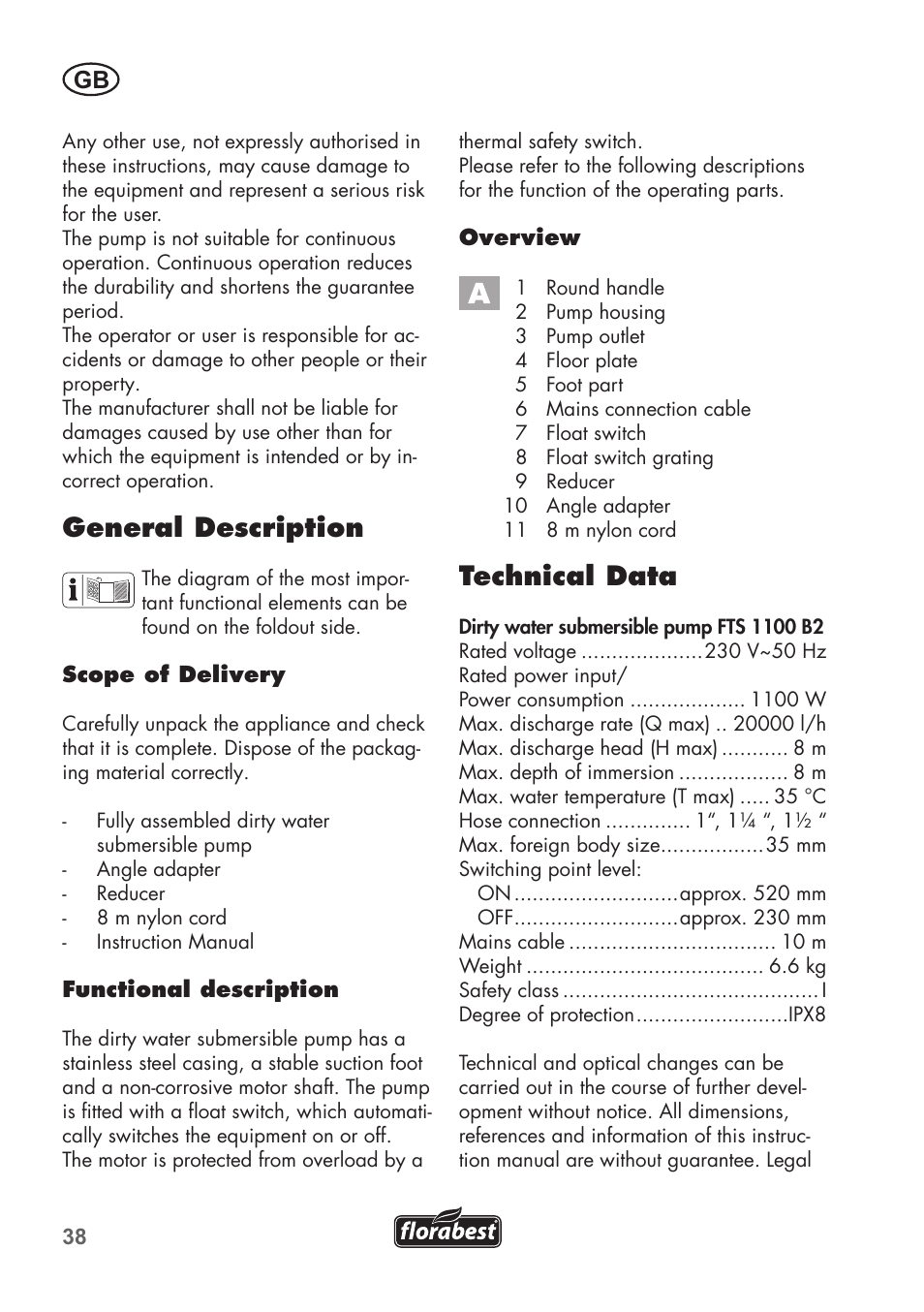 Technical data, General description | Florabest FTS 1100 B2 User Manual | Page 38 / 50