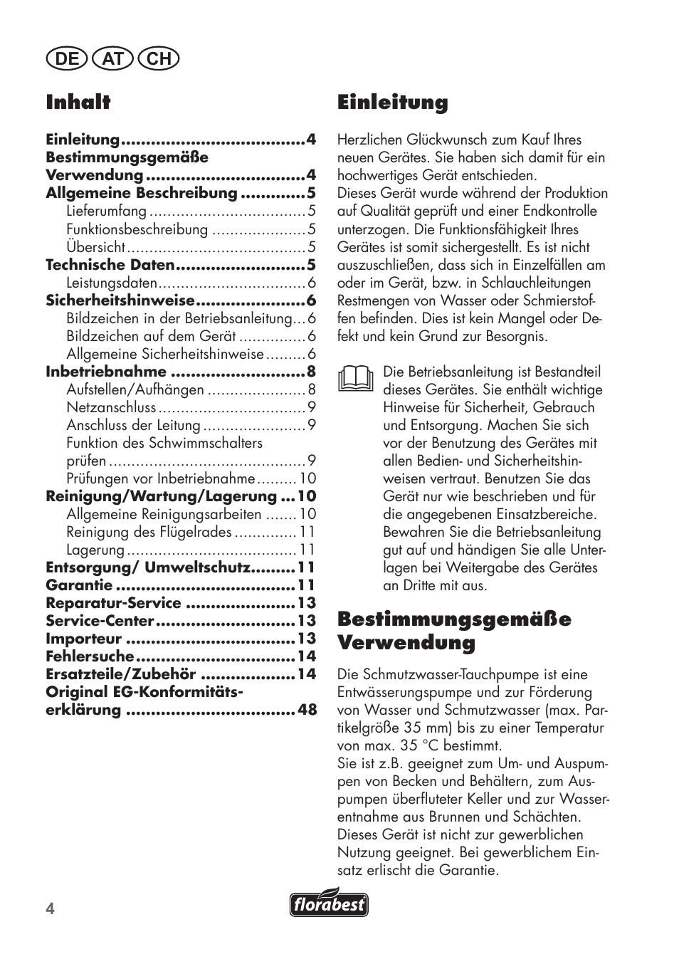 Einleitung, Bestimmungsgemäße verwendung, Inhalt | De at ch | Florabest FTS 1100 B2 User Manual | Page 4 / 50
