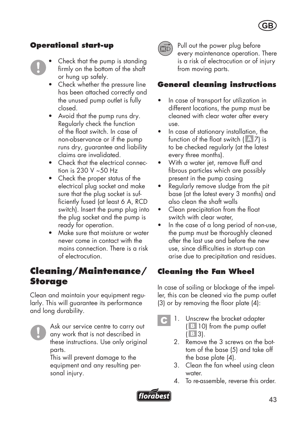 Cleaning/maintenance/ storage | Florabest FTS 1100 B2 User Manual | Page 43 / 50