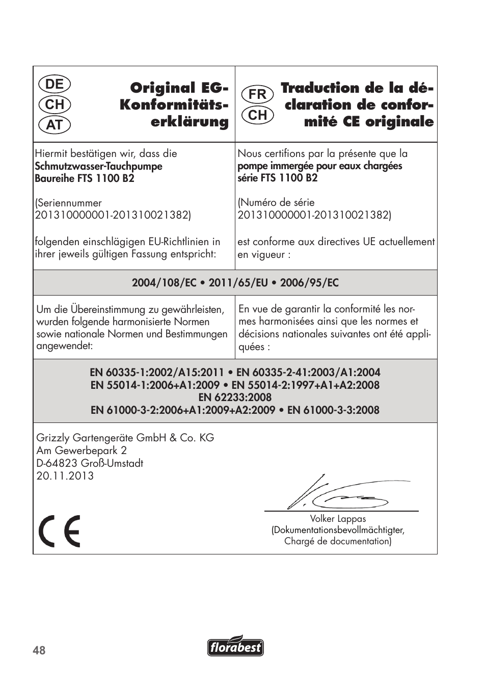 De at ch fr ch | Florabest FTS 1100 B2 User Manual | Page 48 / 50