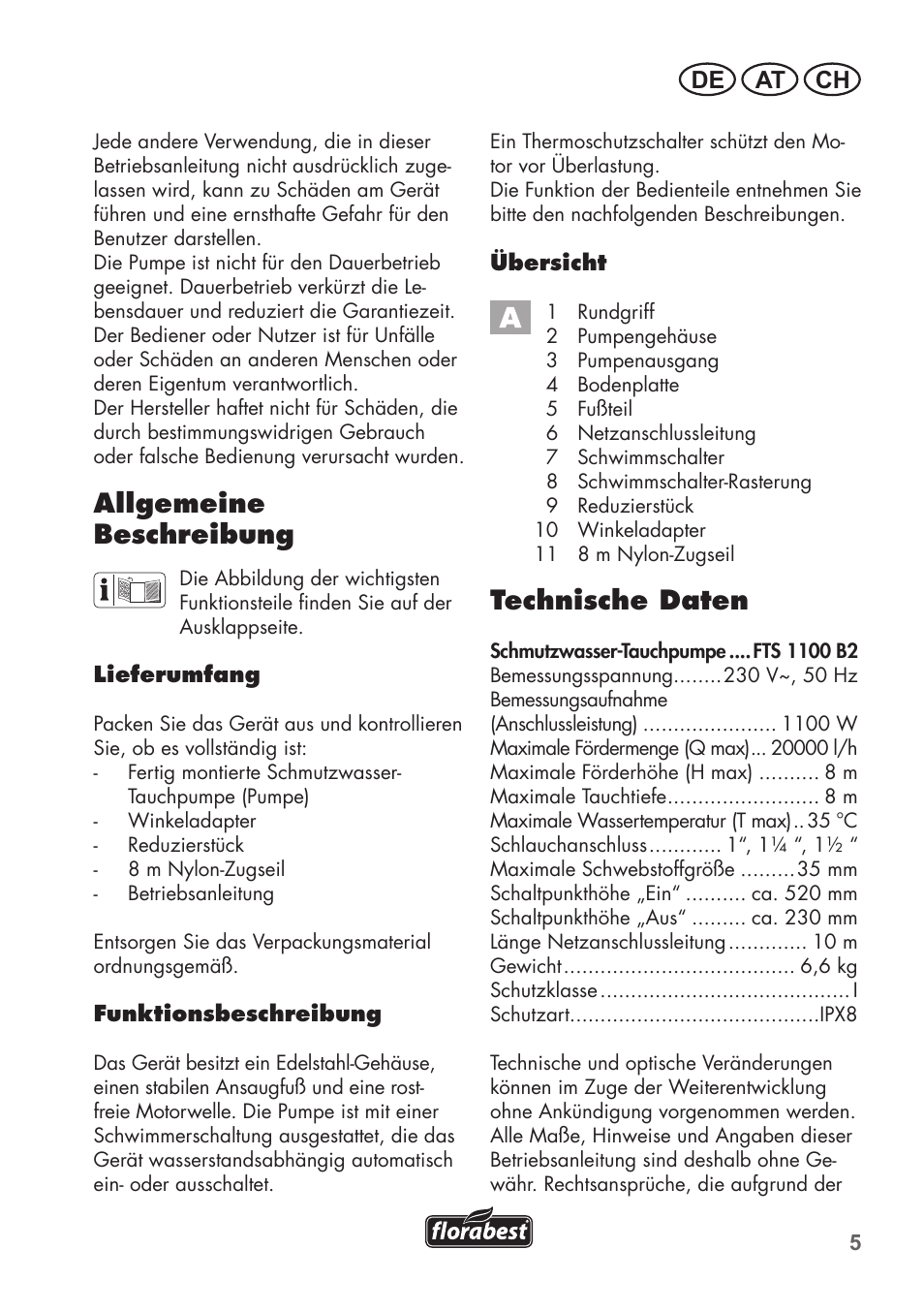 Technische daten, Allgemeine beschreibung, De at ch | Florabest FTS 1100 B2 User Manual | Page 5 / 50