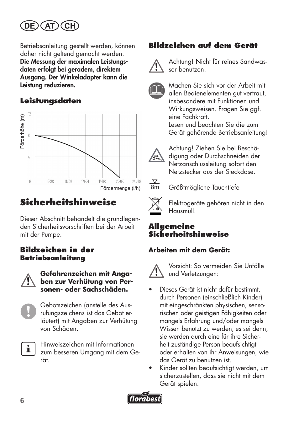 Sicherheitshinweise, De at ch | Florabest FTS 1100 B2 User Manual | Page 6 / 50