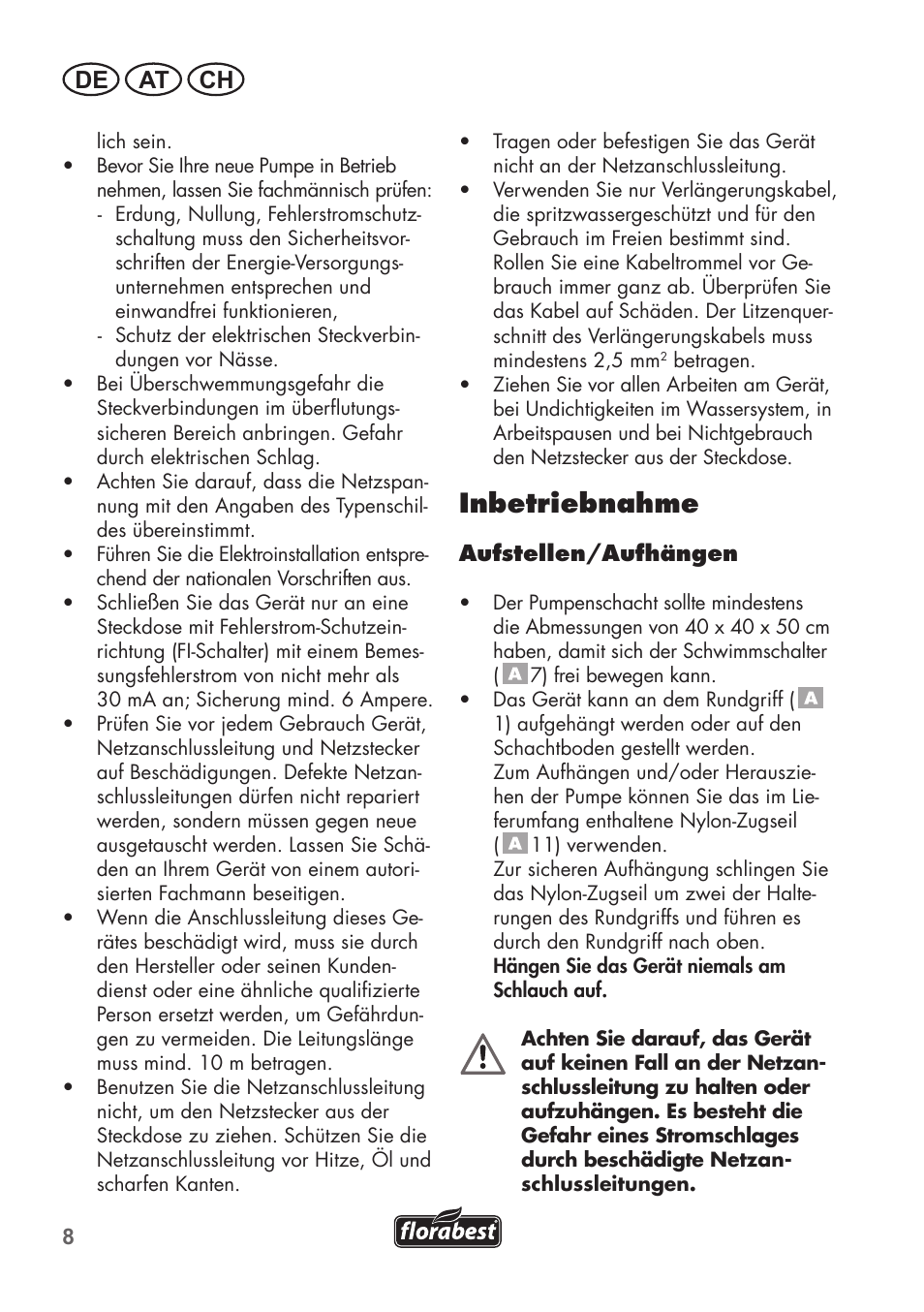 Inbetriebnahme, De at ch | Florabest FTS 1100 B2 User Manual | Page 8 / 50