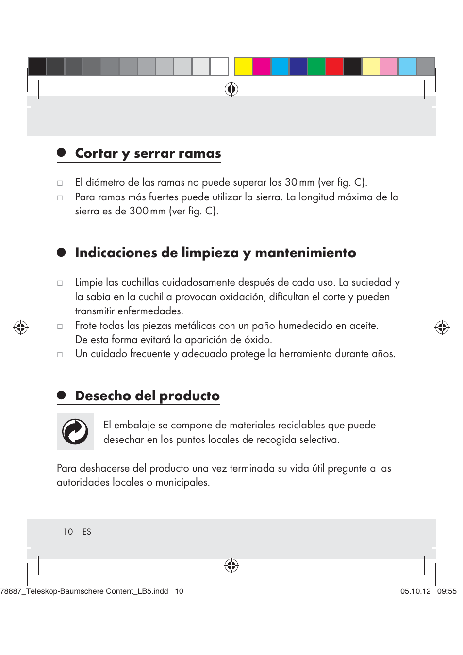 Cortar y serrar ramas, Indicaciones de limpieza y mantenimiento, Desecho del producto | Florabest Z31309 User Manual | Page 10 / 36