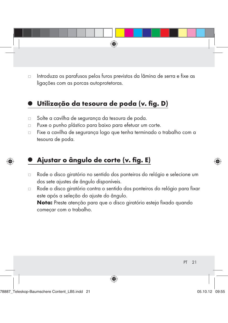 Utilização da tesoura de poda (v. ﬁg. d), Ajustar o ângulo de corte (v. ﬁg. e) | Florabest Z31309 User Manual | Page 21 / 36