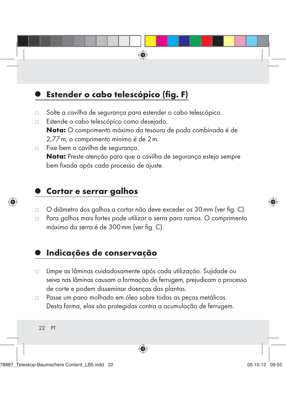 Estender o cabo telescópico (ﬁg. f), Cortar e serrar galhos, Indicações de conservação | Florabest Z31309 User Manual | Page 22 / 36