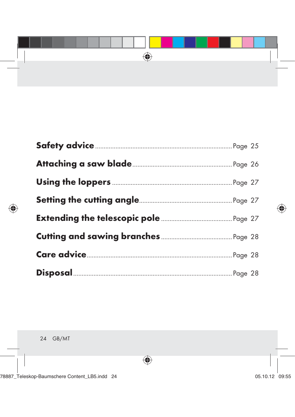 Safety advice, Attaching a saw blade, Using the loppers | Setting the cutting angle, Extending the telescopic pole, Cutting and sawing branches, Care advice, Disposal | Florabest Z31309 User Manual | Page 24 / 36