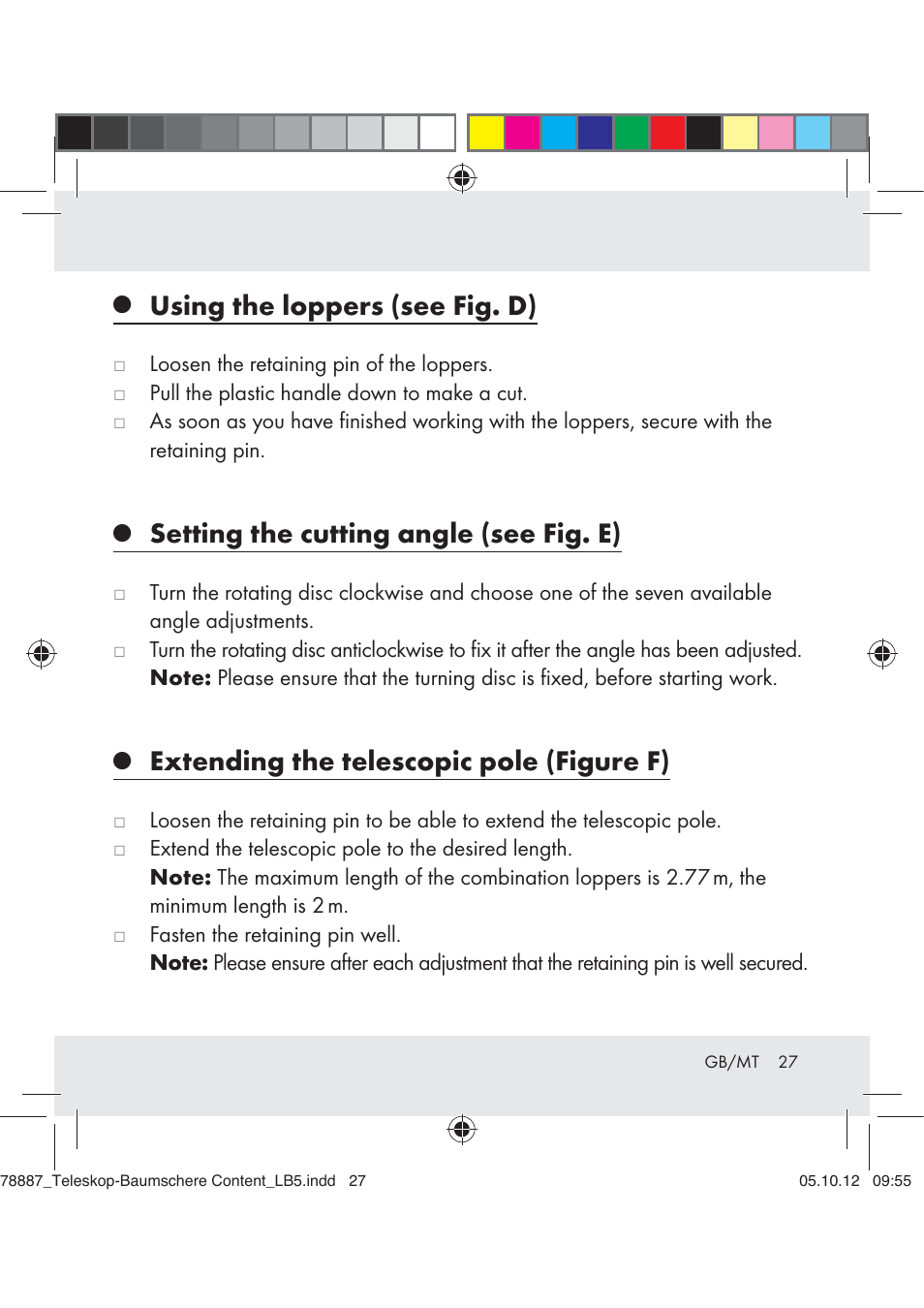 Using the loppers (see fig. d), Setting the cutting angle (see fig. e), Extending the telescopic pole (figure f) | Florabest Z31309 User Manual | Page 27 / 36