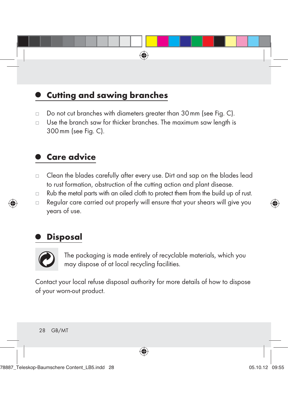 Cutting and sawing branches, Care advice, Disposal | Florabest Z31309 User Manual | Page 28 / 36