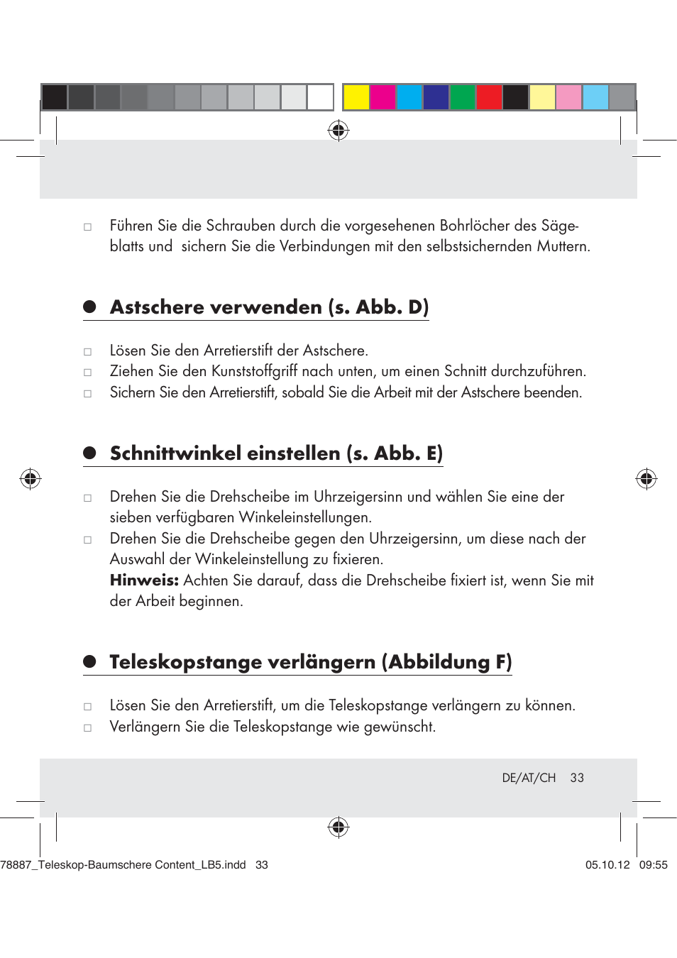 Astschere verwenden (s. abb. d), Schnittwinkel einstellen (s. abb. e), Teleskopstange verlängern (abbildung f) | Florabest Z31309 User Manual | Page 33 / 36