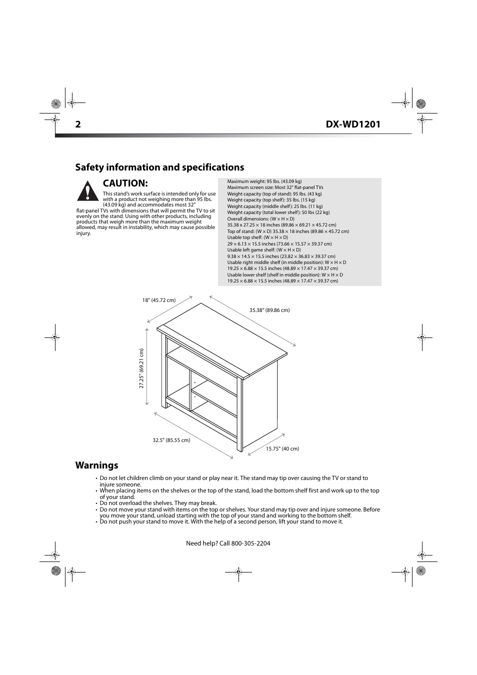 Safety information and specifications, Warnings, Safety information and specifications warnings | Caution | Dynex DX-WD1201 User Manual | Page 2 / 15
