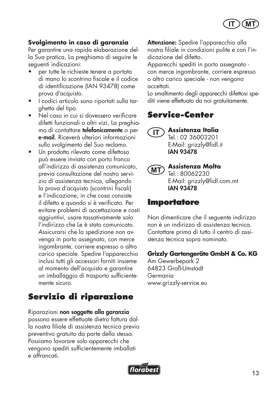 Servizio di riparazione, Service-center, Importatore | It mt | Florabest FTS 1100 B2 User Manual | Page 13 / 50