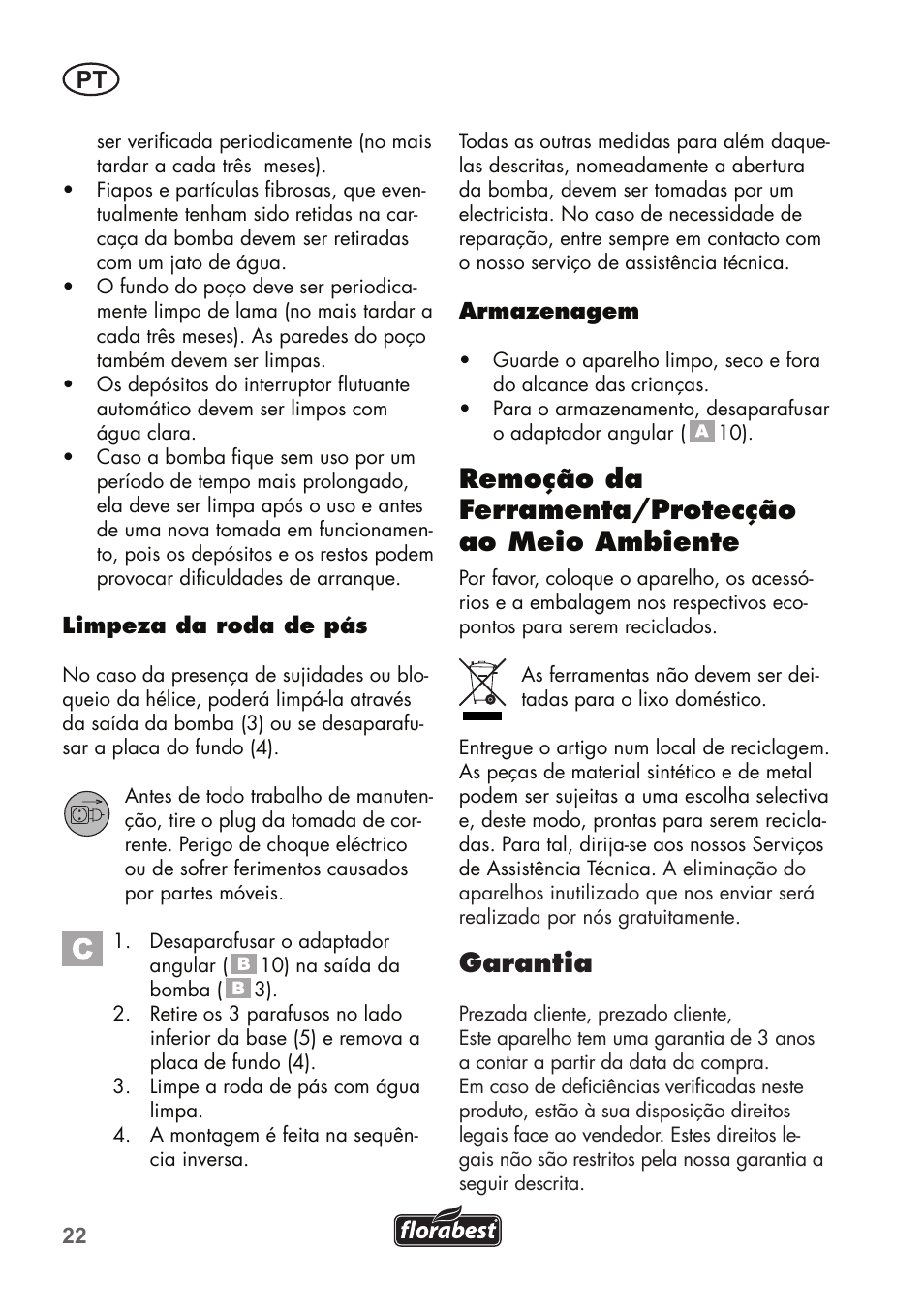 Remoção da ferramenta/protecção ao meio ambiente, Garantia | Florabest FTS 1100 B2 User Manual | Page 22 / 50