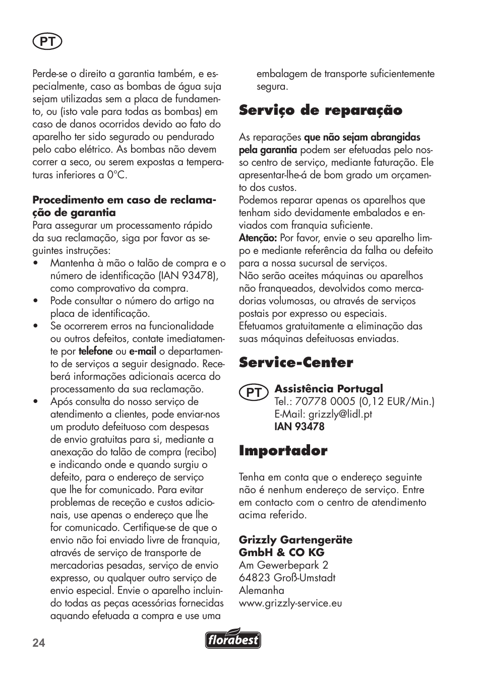Serviço de reparação, Service-center, Importador | Florabest FTS 1100 B2 User Manual | Page 24 / 50
