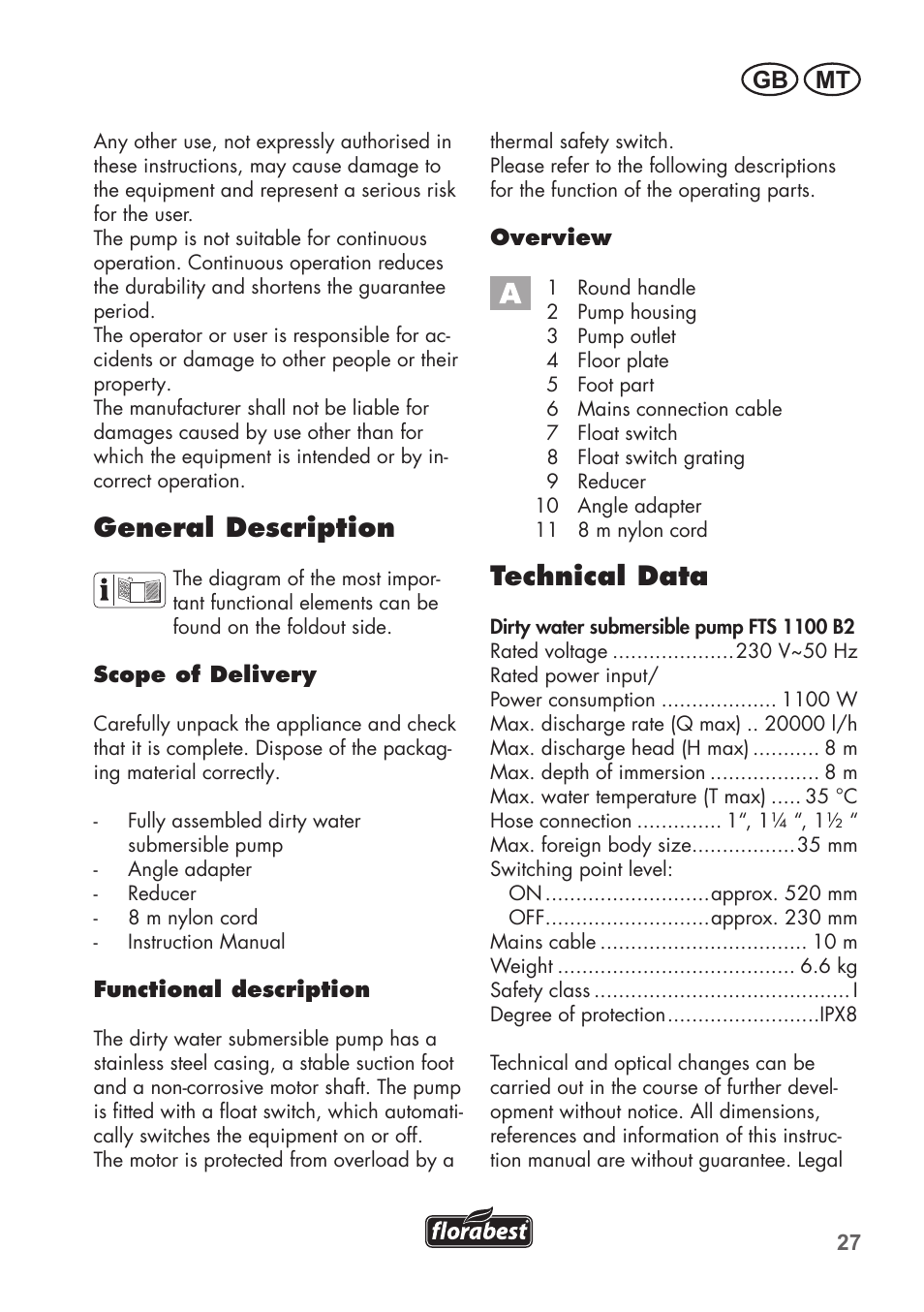 Technical data, General description, Gb mt | Florabest FTS 1100 B2 User Manual | Page 27 / 50