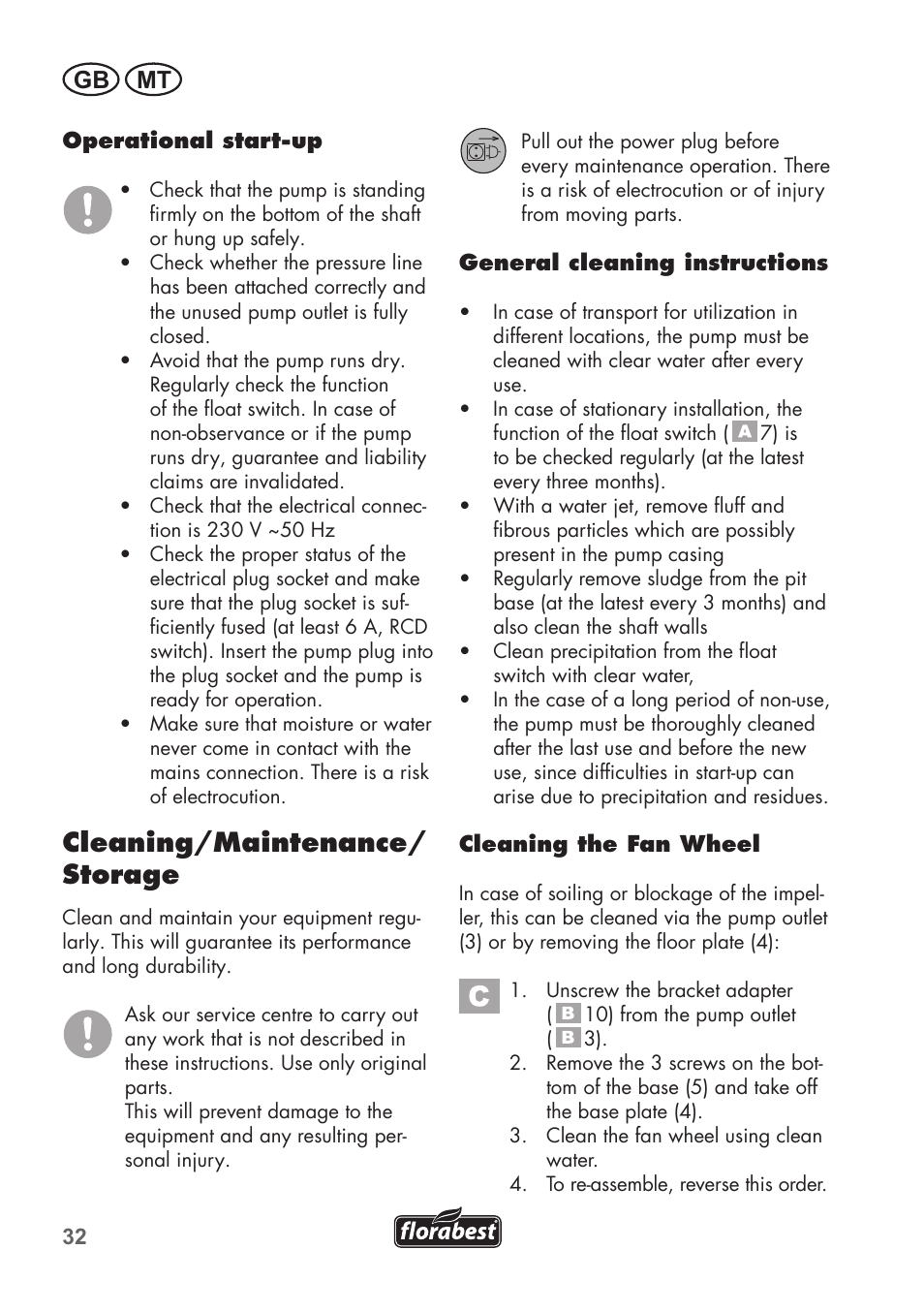 Cleaning/maintenance/ storage, Gb mt | Florabest FTS 1100 B2 User Manual | Page 32 / 50