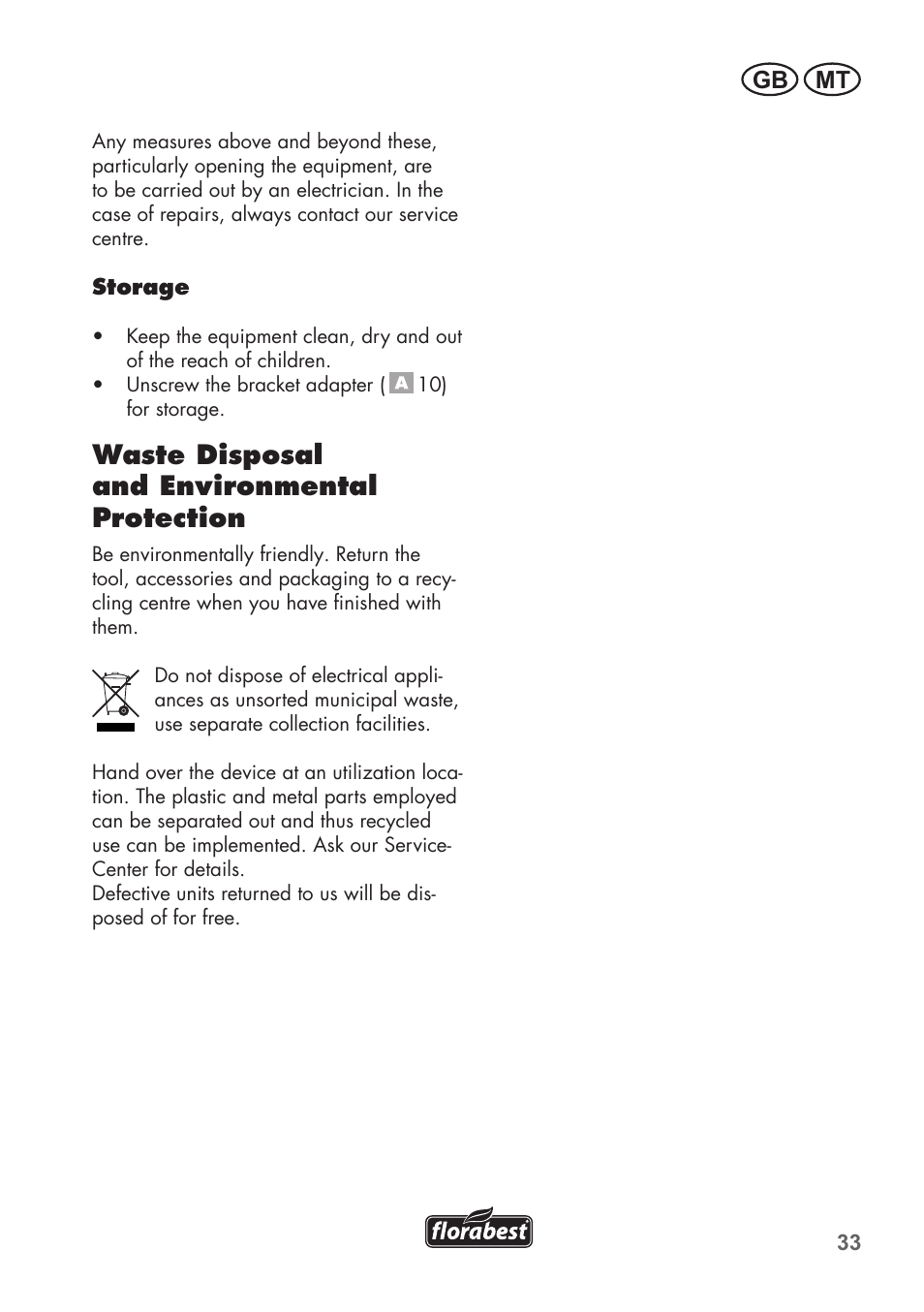 Waste disposal and environmental protection, Gb mt | Florabest FTS 1100 B2 User Manual | Page 33 / 50