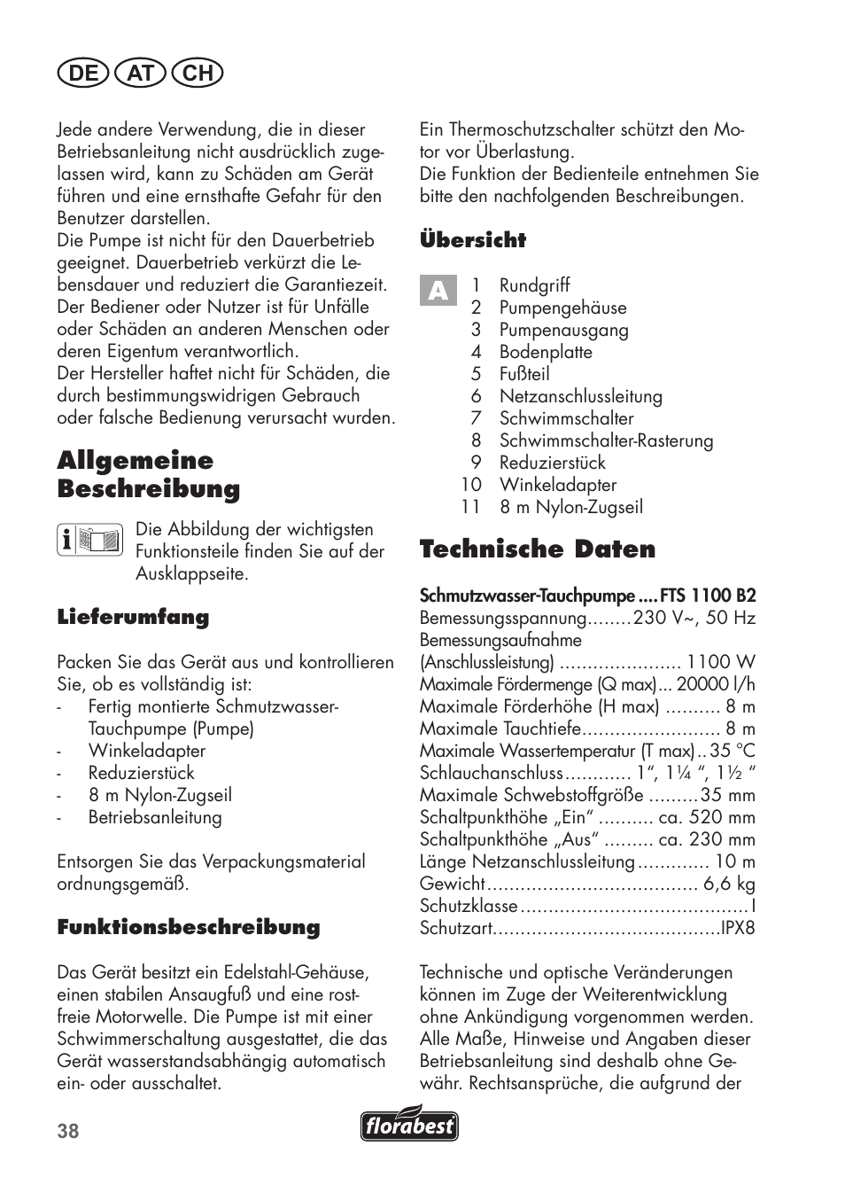 Technische daten, Allgemeine beschreibung, De at ch | Florabest FTS 1100 B2 User Manual | Page 38 / 50