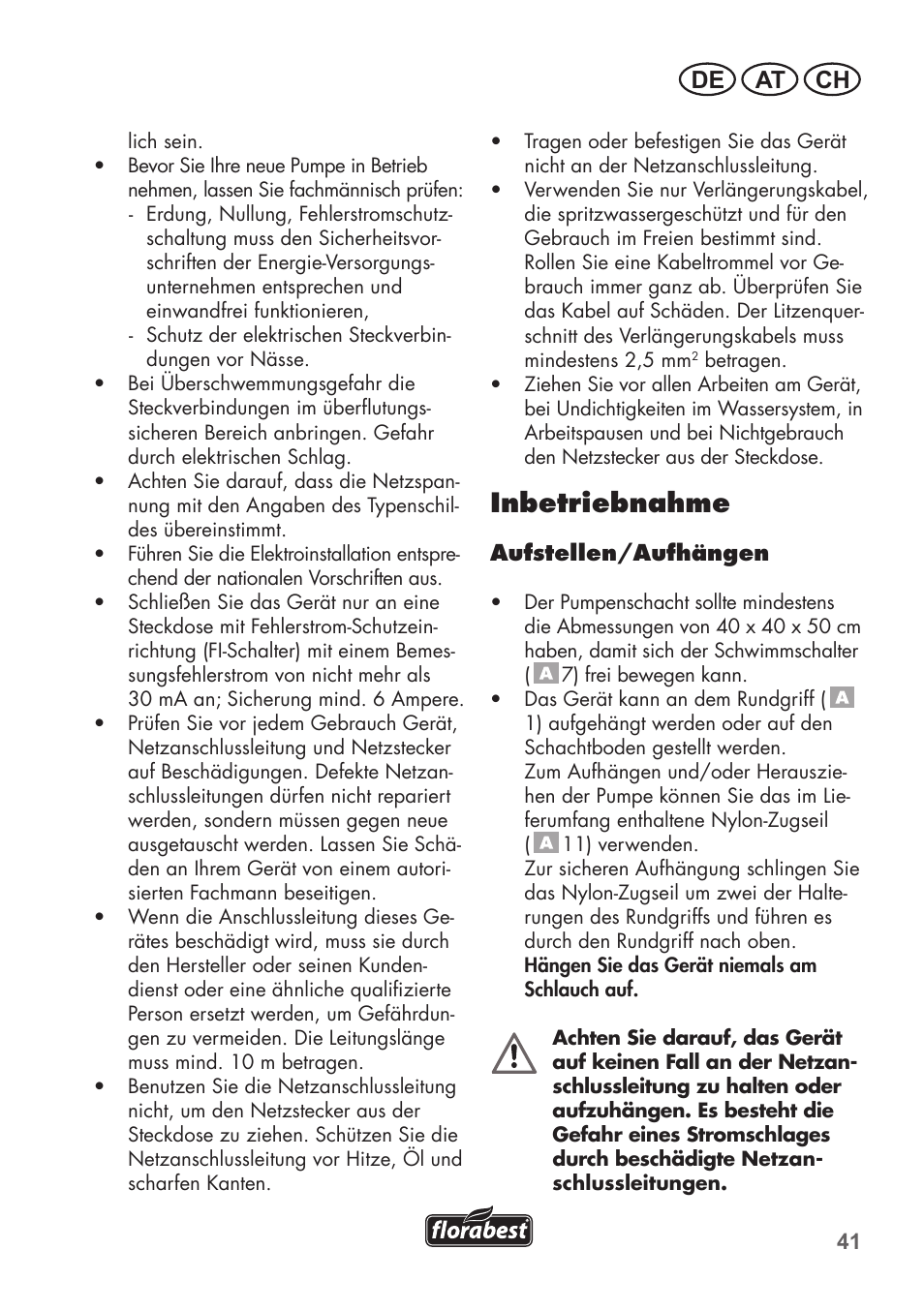 Inbetriebnahme, De at ch | Florabest FTS 1100 B2 User Manual | Page 41 / 50