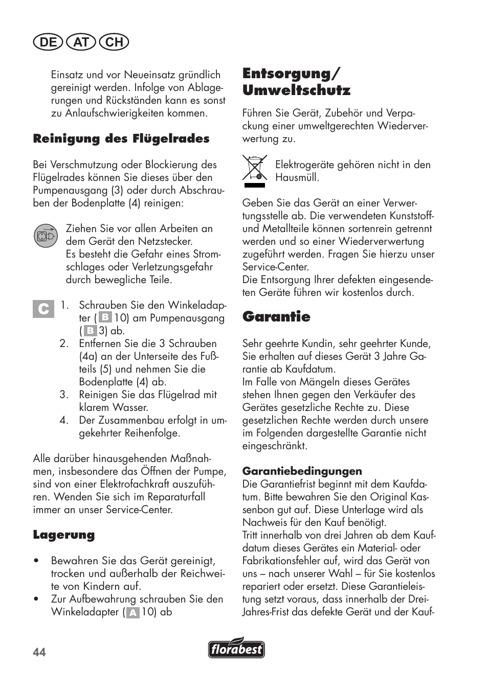 Entsorgung/ umweltschutz, Garantie, De at ch | Florabest FTS 1100 B2 User Manual | Page 44 / 50