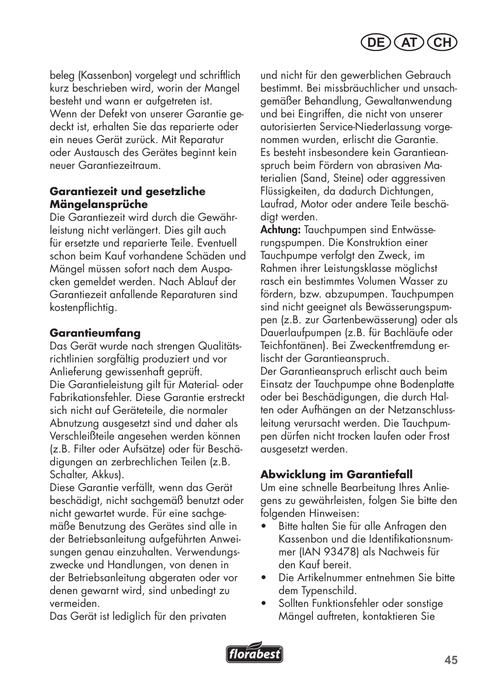 De at ch | Florabest FTS 1100 B2 User Manual | Page 45 / 50