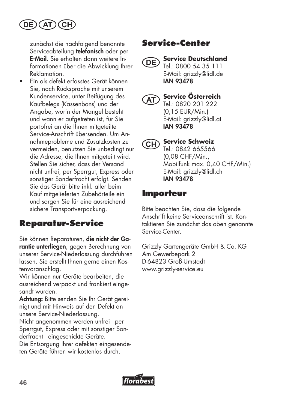 Reparatur-service, Service-center, Importeur | De at ch | Florabest FTS 1100 B2 User Manual | Page 46 / 50