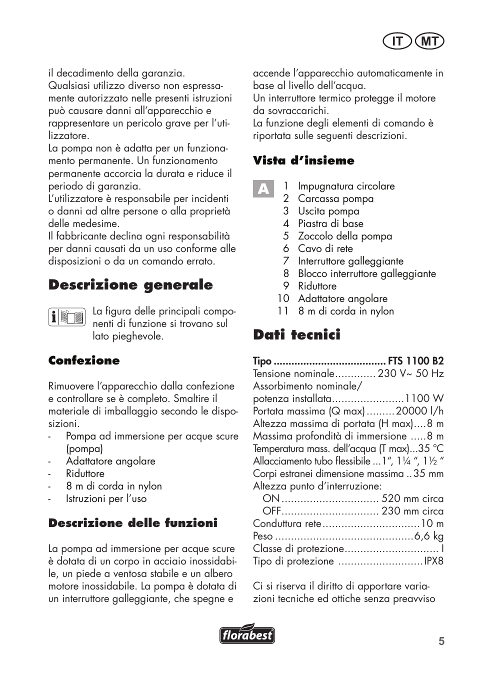 Descrizione generale, Dati tecnici, It mt | Florabest FTS 1100 B2 User Manual | Page 5 / 50