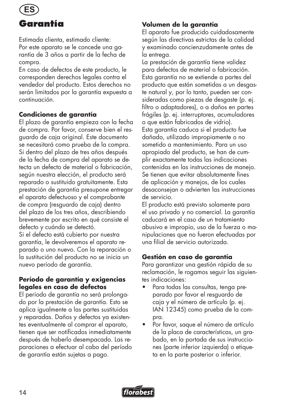 Garantía | Florabest FGH 710 A1 User Manual | Page 14 / 68