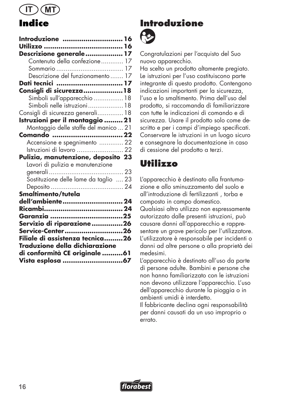 Introduzione, Utilizzo, Indice | Mt it | Florabest FGH 710 A1 User Manual | Page 16 / 68