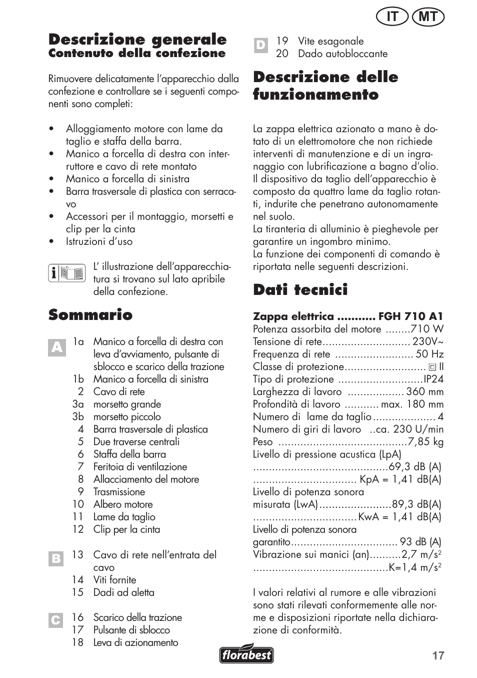 Descrizione generale, Sommario a, Descrizione delle funzionamento | Dati tecnici, Mt it | Florabest FGH 710 A1 User Manual | Page 17 / 68