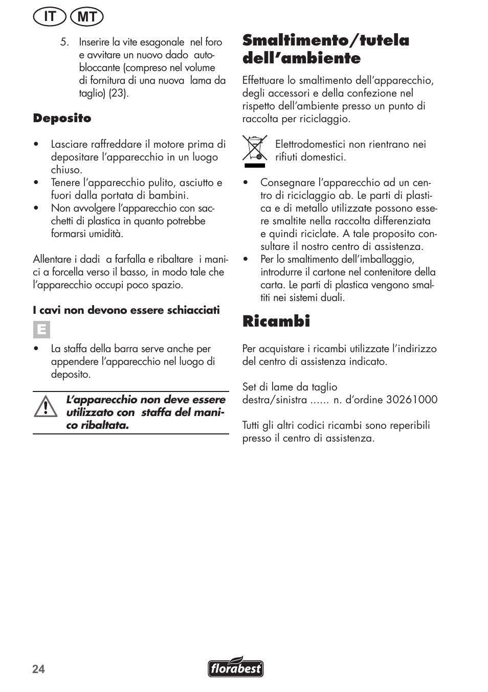 Smaltimento/tutela dell’ambiente, Ricambi, Mt it | Florabest FGH 710 A1 User Manual | Page 24 / 68