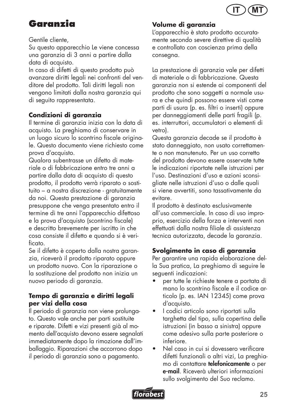 Garanzia, Mt it | Florabest FGH 710 A1 User Manual | Page 25 / 68