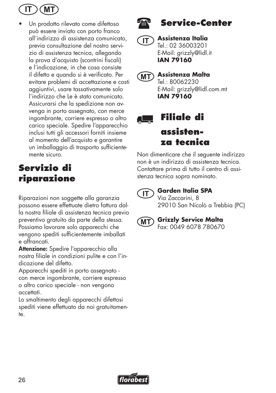 Servizio di riparazione, Service-center, Filiale di assisten- za tecnica | Mt it | Florabest FGH 710 A1 User Manual | Page 26 / 68