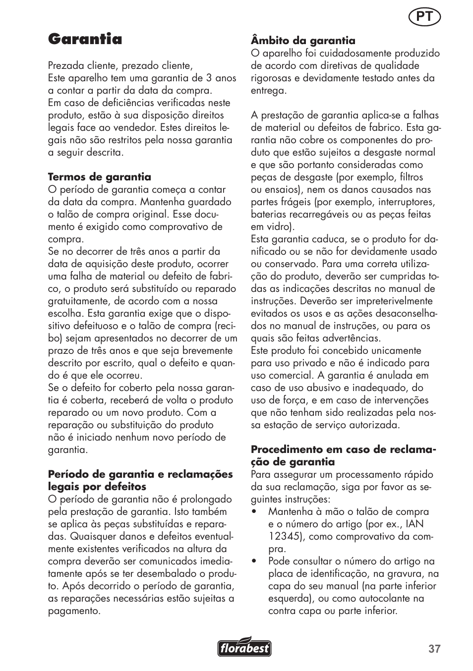 Garantia | Florabest FGH 710 A1 User Manual | Page 37 / 68