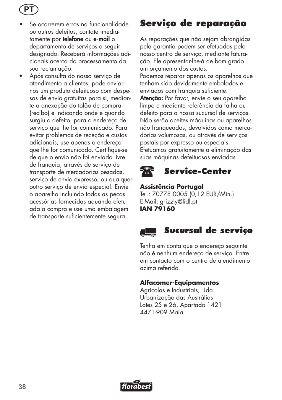 Serviço de reparação, Service-center, Sucursal de serviço | Florabest FGH 710 A1 User Manual | Page 38 / 68