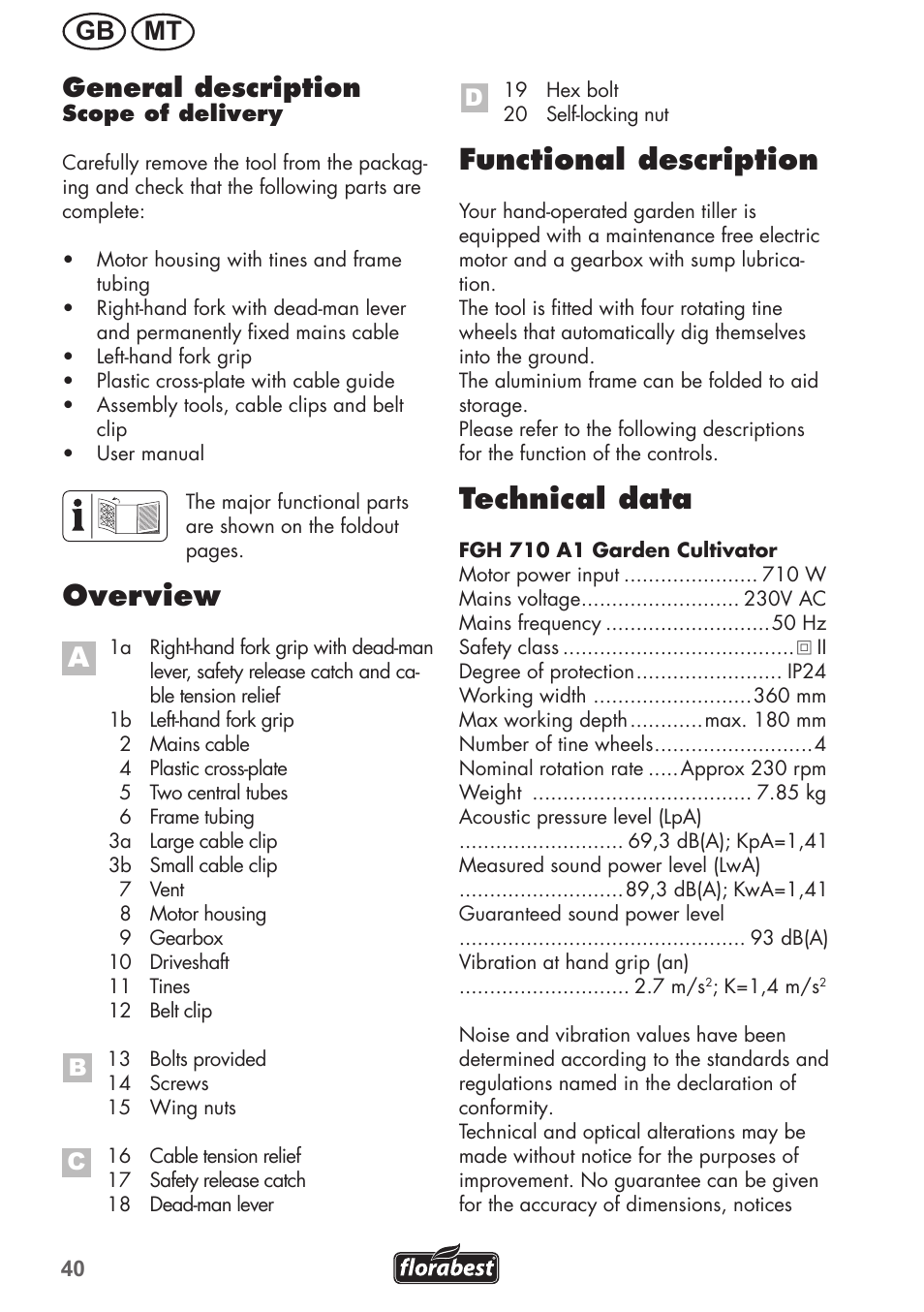 Overview, Functional description, Technical data | Gb mt general description | Florabest FGH 710 A1 User Manual | Page 40 / 68