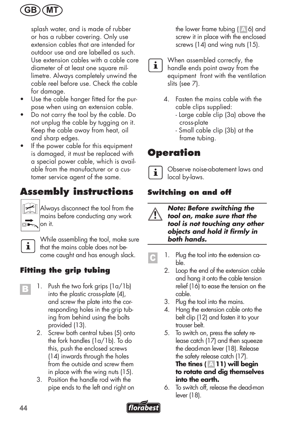 Assembly instructions, Operation, Gb mt | Florabest FGH 710 A1 User Manual | Page 44 / 68