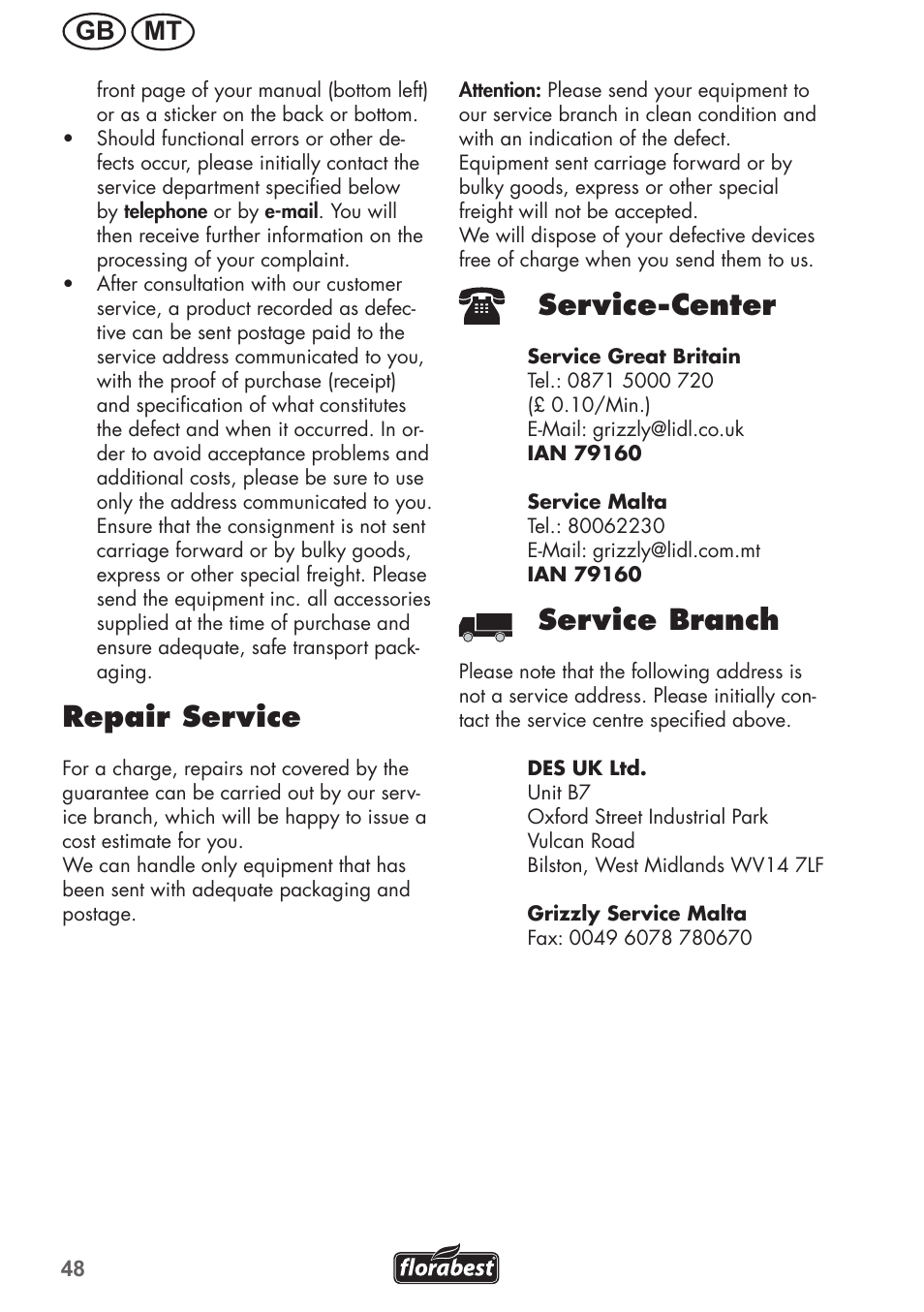 Repair service, Service-center, Service branch | Gb mt | Florabest FGH 710 A1 User Manual | Page 48 / 68