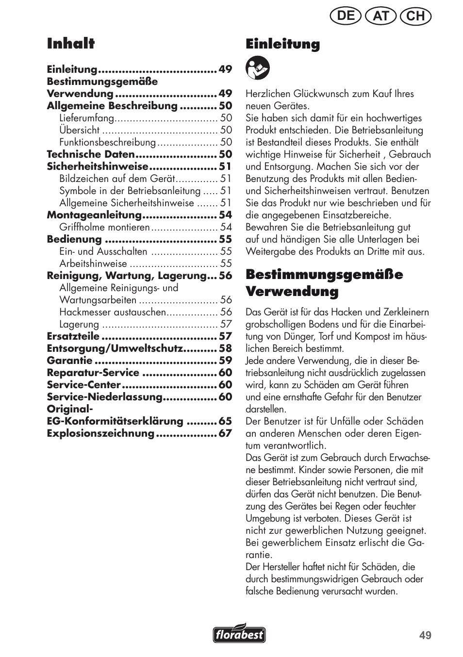 Inhalt, Ch at de einleitung, Bestimmungsgemäße verwendung | Florabest FGH 710 A1 User Manual | Page 49 / 68