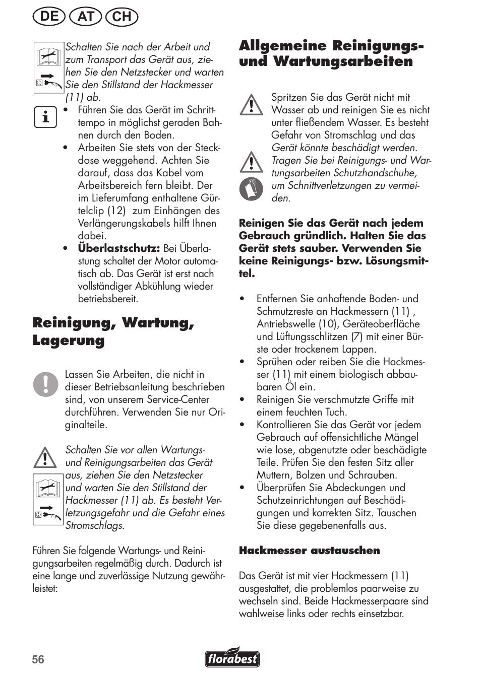 Ch at de, Reinigung, wartung, lagerung, Allgemeine reinigungs- und wartungsarbeiten | Florabest FGH 710 A1 User Manual | Page 56 / 68