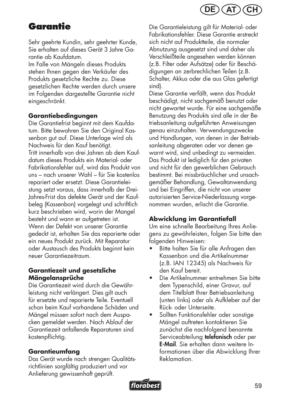 Garantie, Ch at de | Florabest FGH 710 A1 User Manual | Page 59 / 68