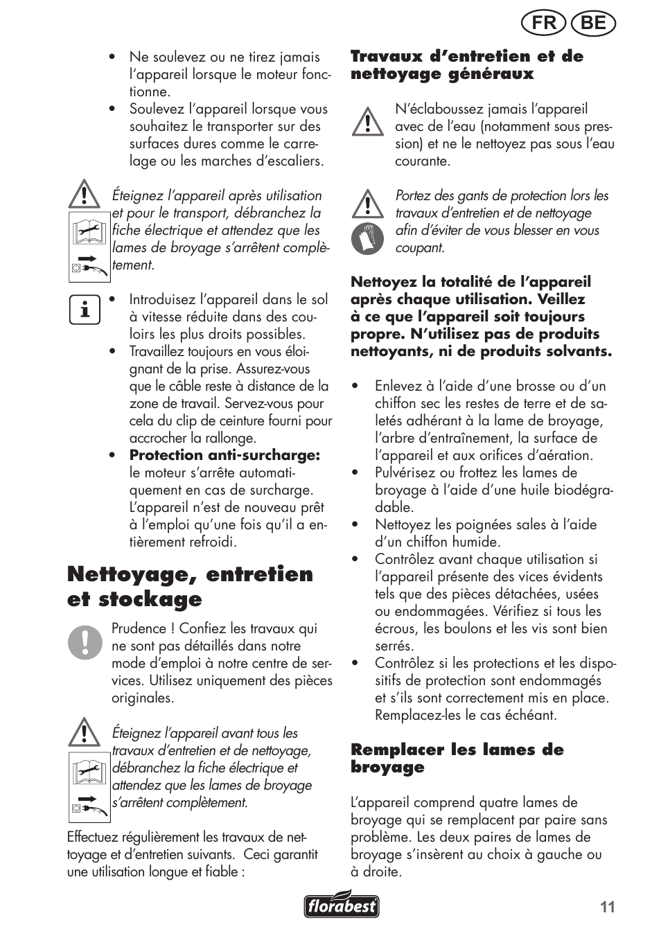 Nettoyage, entretien et stockage, Be fr | Florabest FGH 710 A1 User Manual | Page 11 / 52
