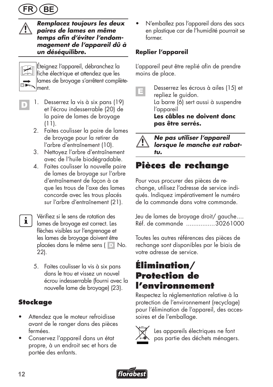 Pièces de rechange, Élimination/ protection de l’environnement, Be fr | Florabest FGH 710 A1 User Manual | Page 12 / 52