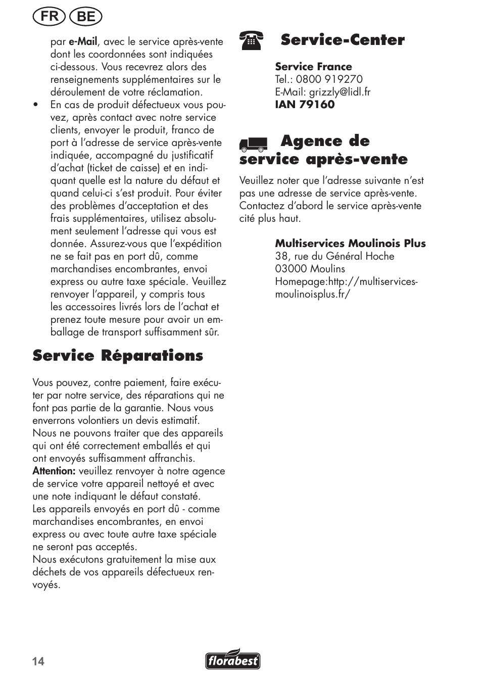 Service réparations, Service-center, Agence de service après-vente | Be fr | Florabest FGH 710 A1 User Manual | Page 14 / 52