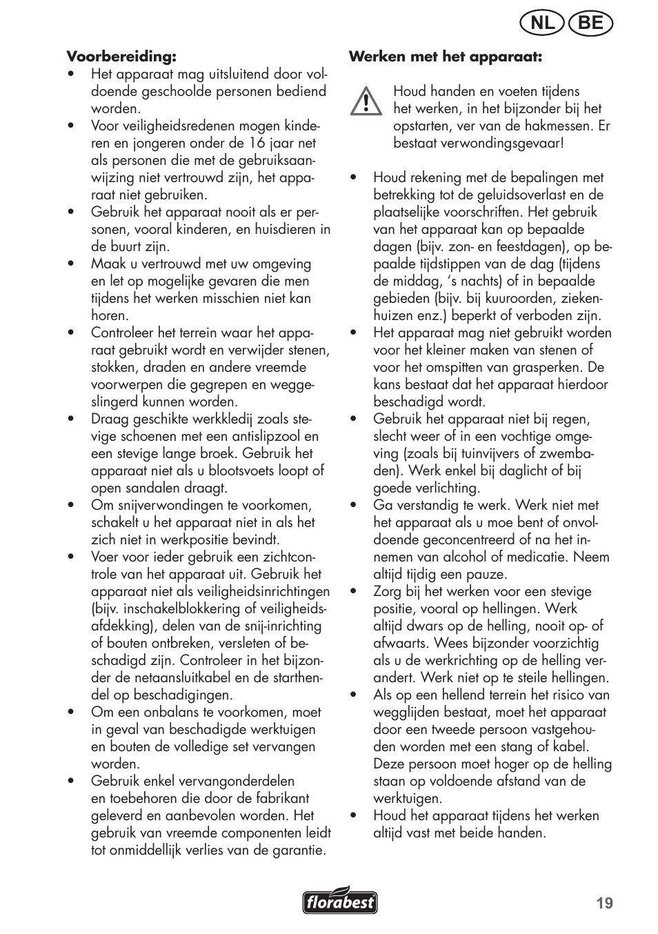 Be nl | Florabest FGH 710 A1 User Manual | Page 19 / 52