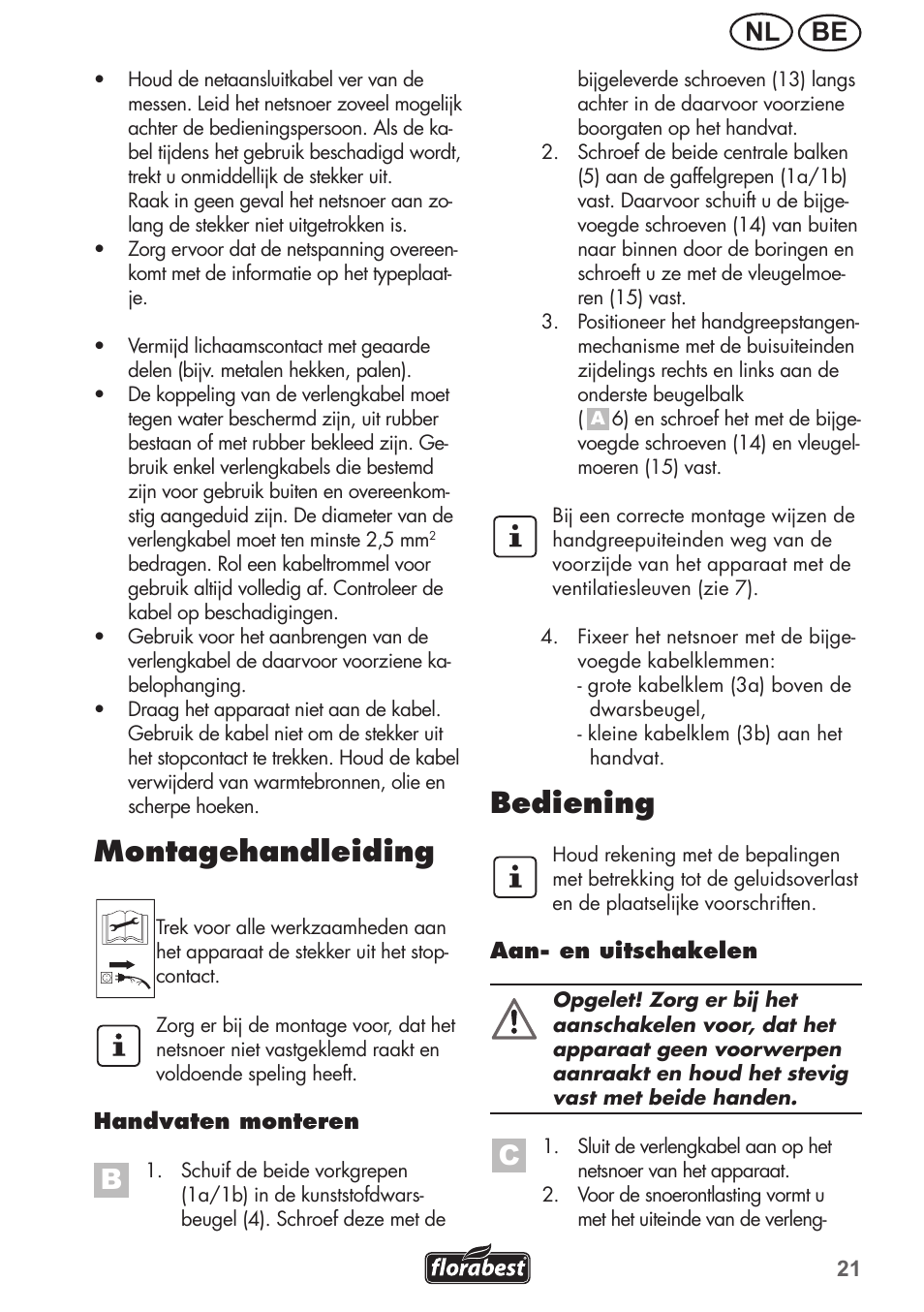 Montagehandleiding, Bediening, Be nl | Florabest FGH 710 A1 User Manual | Page 21 / 52