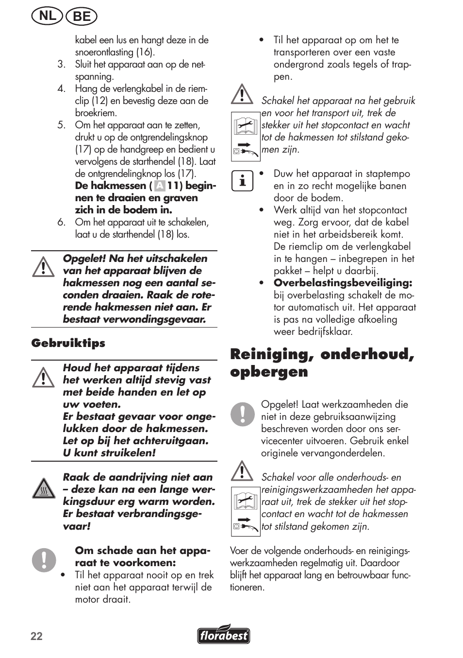 Reiniging, onderhoud, opbergen, Nl be | Florabest FGH 710 A1 User Manual | Page 22 / 52