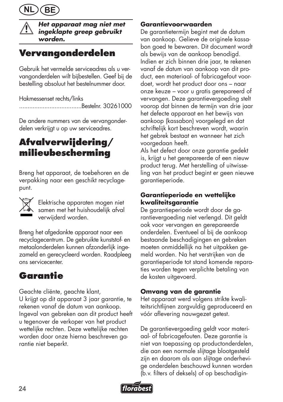 Vervangonderdelen, Afvalverwijdering/ milieubescherming, Garantie | Nl be | Florabest FGH 710 A1 User Manual | Page 24 / 52