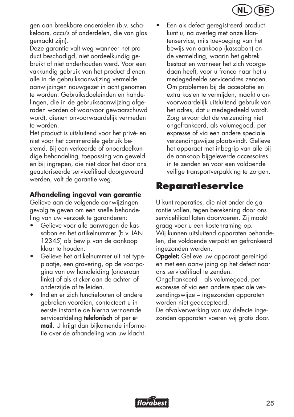 Reparatieservice, Be nl | Florabest FGH 710 A1 User Manual | Page 25 / 52